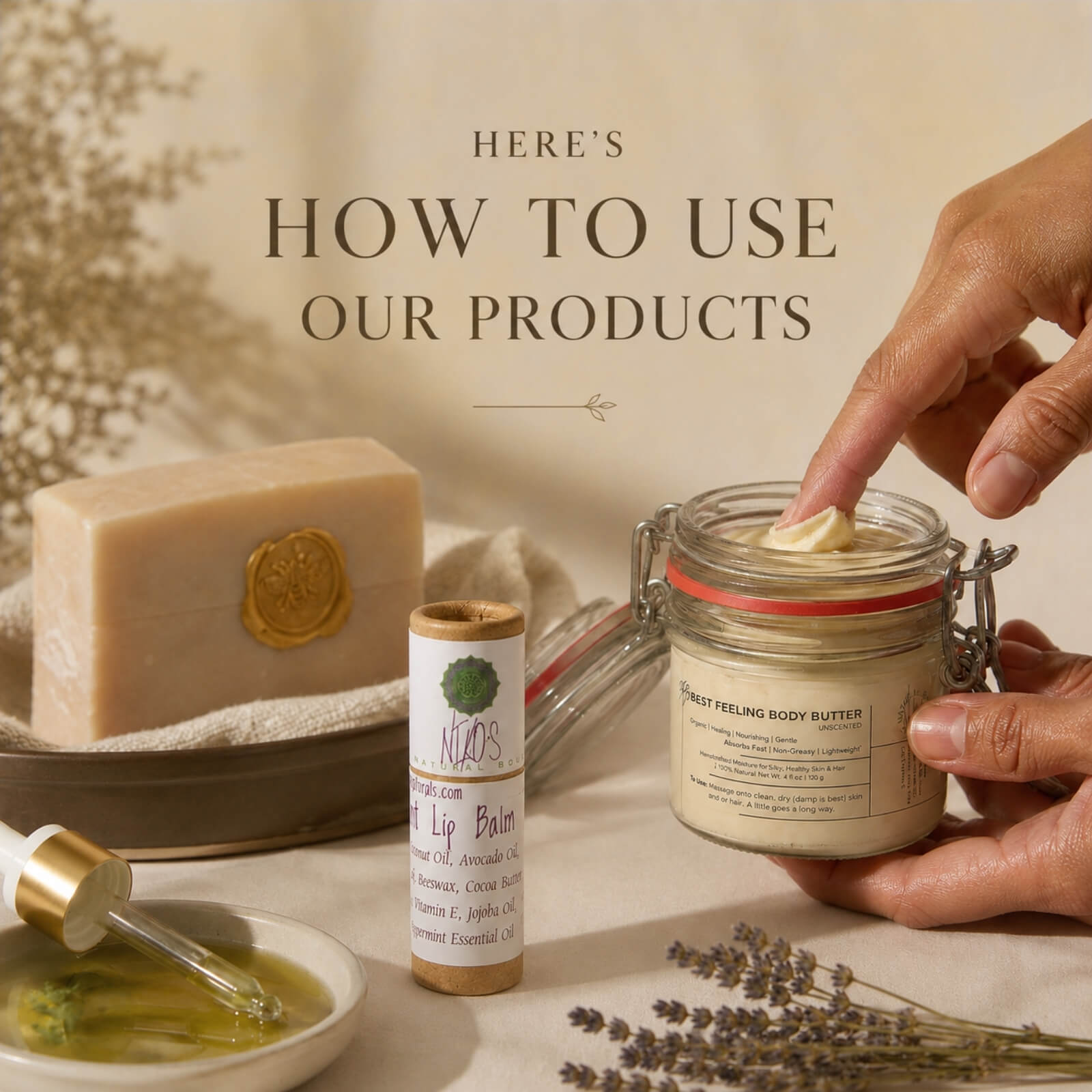 Product display with a jar of body butter, soap, lip balm, and lavender flowers on a neutral background.