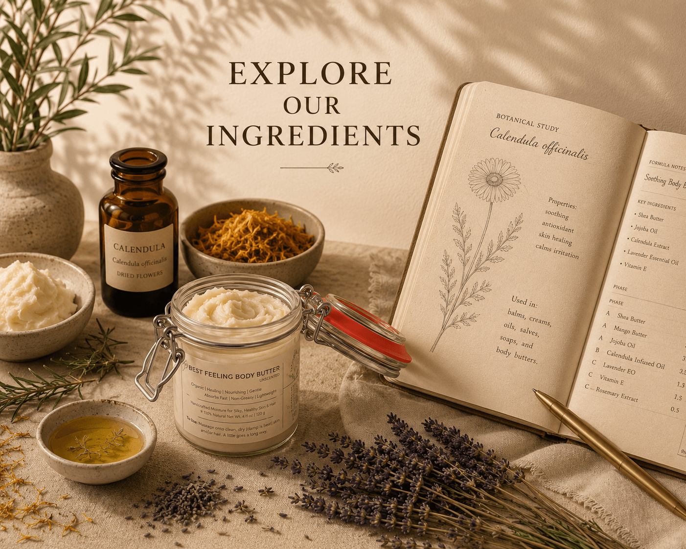Botanical ingredients with a book on botanical studies and text 'Explore Our Ingredients'.
