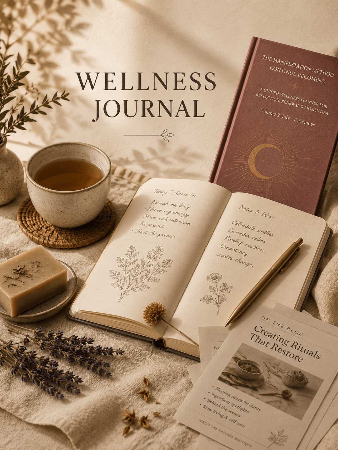Wellness journal with a cup of tea, soap, and herbs on a textured surface.